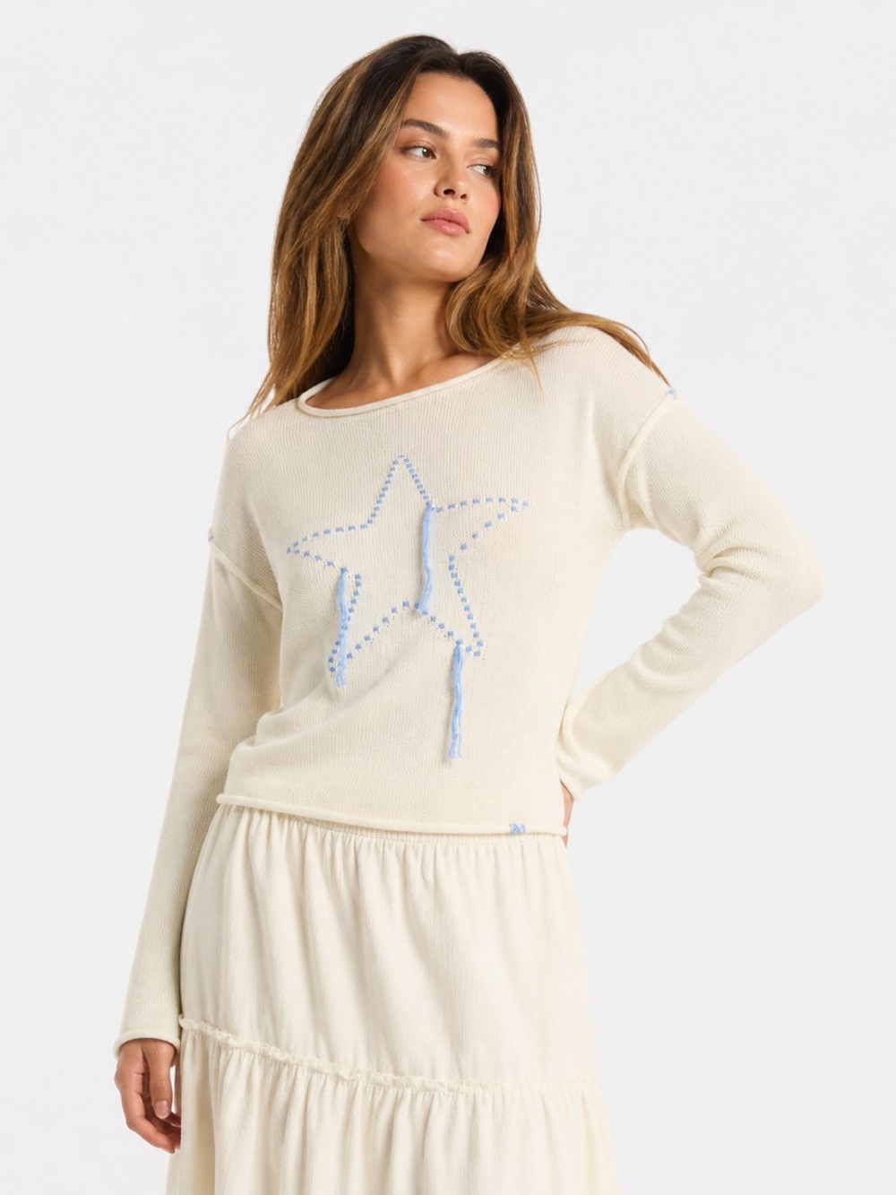 Wild Fable Women's Wide Crewneck Americana Pullover Sweater Off White Size M